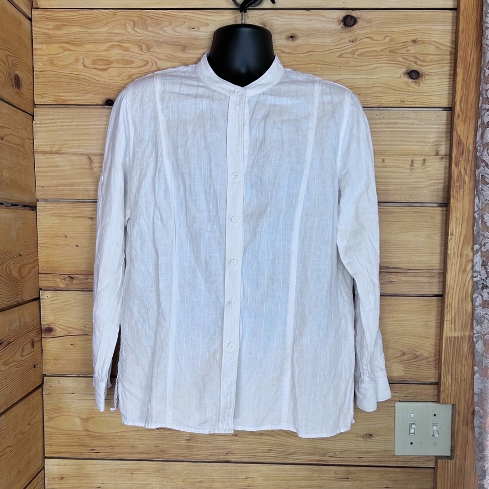 Linen Blouse Women Extra Large White Band Collar Grandad Jones New York Sport